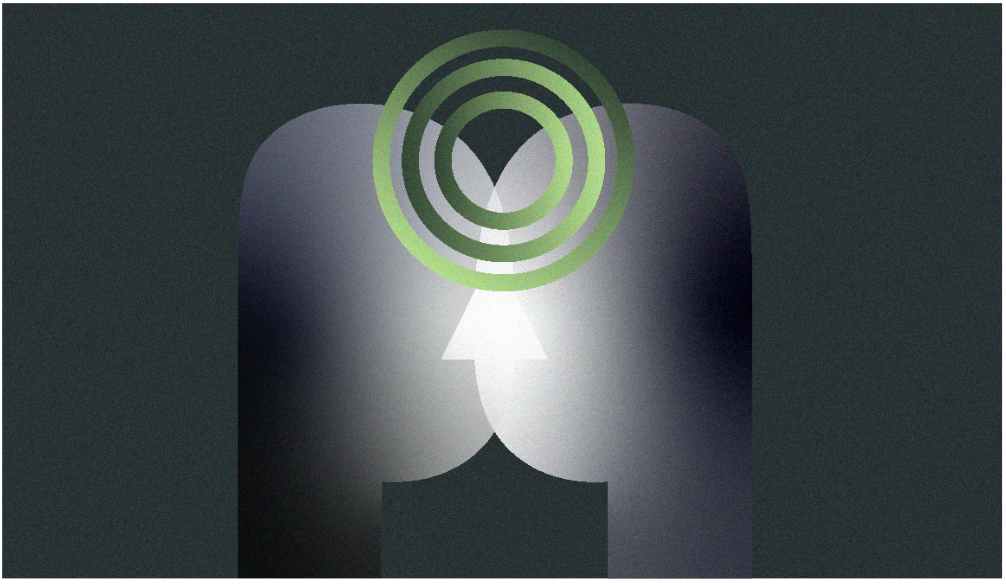 Abstract illustration on a dark, grainy background, showing two symmetrical faces. A white, upward-pointing arrow is positioned between them at the bottom. Green concentric circles, suggesting sound waves or a focal point, radiate from the center top area between the heads.